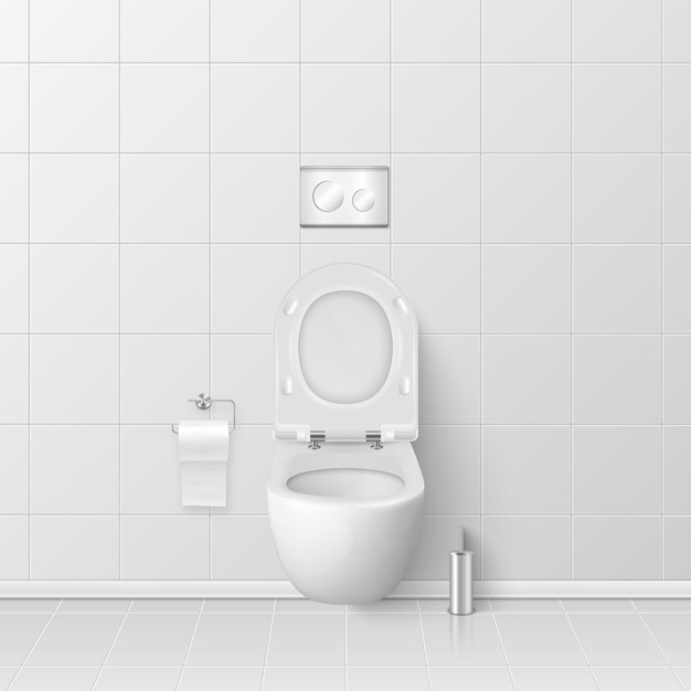 Vector vector 3d realistic white ceramic toilet in the bathroom toilet room opened toilet bowl with lid plumbing mockup design template for interior cleaning hygiene concept front view