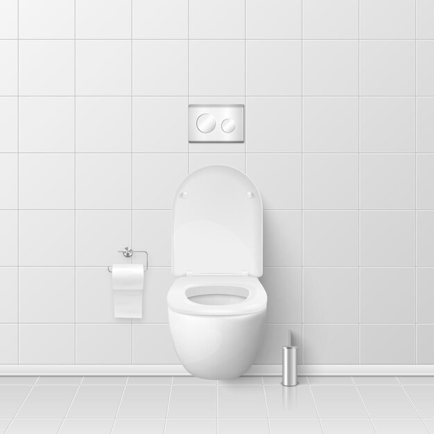 Vector vector 3d realistic white ceramic toilet in the bathroom toilet room opened toilet bowl with lid plumbing mockup design template for interior cleaning hygiene concept front view