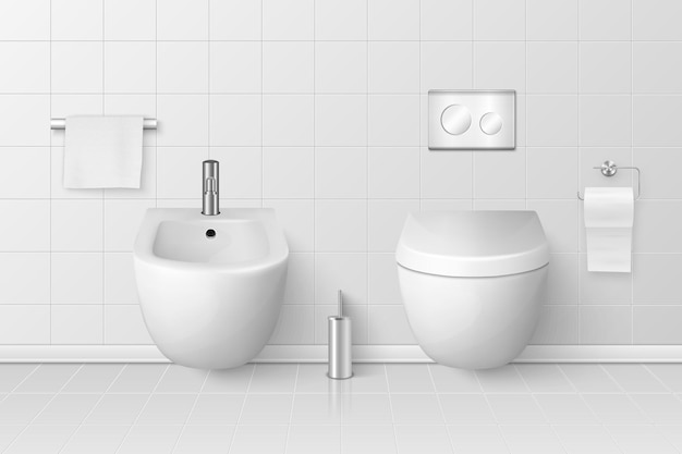 Vector vector 3d realistic white ceramic toilet bidet in the bathroom toilet room closed toilet bowl with lid plumbing mockup design template for interior cleaning hygiene concept front view