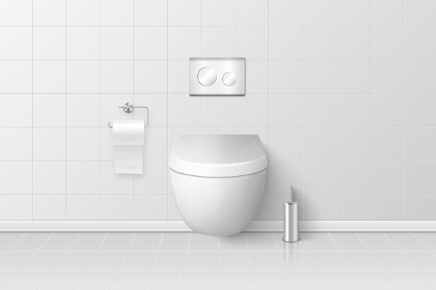 Vector vector 3d realistic white ceramic toilet closeup in the bathroom toilet room closed toilet bowl with lid plumbing mockup design template for interior cleaning hygiene concept front view