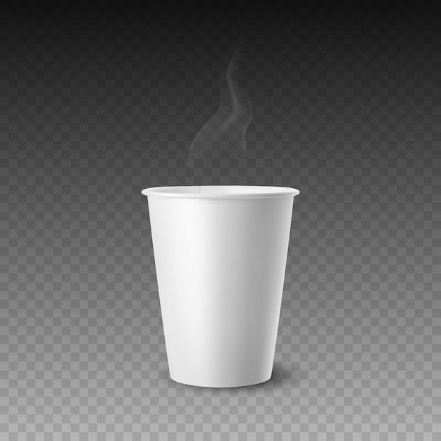 Vector 3d Realistic White Paper Glossy Disposable Cup for Beverage Drinks with Smoke Isolated Coffee Soda Tea Cocktail Milkshake Design Template of Packaging for Mockup Front View