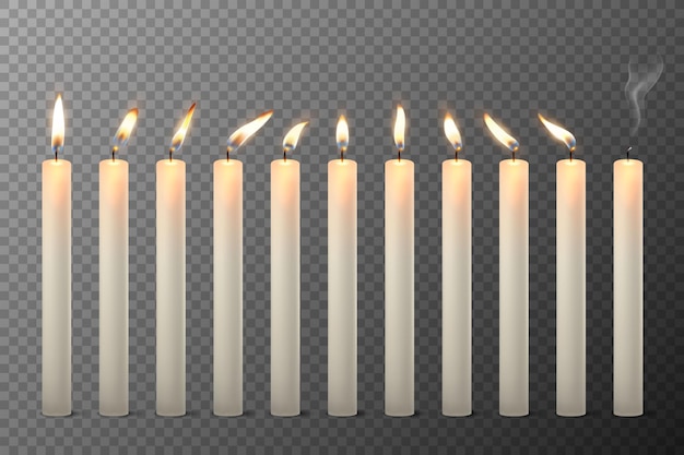 Vector 3d Realistic White Paraffin or Wax Burning Candles with Different Flame Icon Set Closeup Isolated on Transparent Background Design Template Clipart