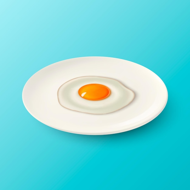 Vector 3d Realistic White Porcelain Ceramic Plate and Fried Egg Omelette Closeup on Blue Background Design Template for Mockup Stock Vector Illustration Front Top Side View