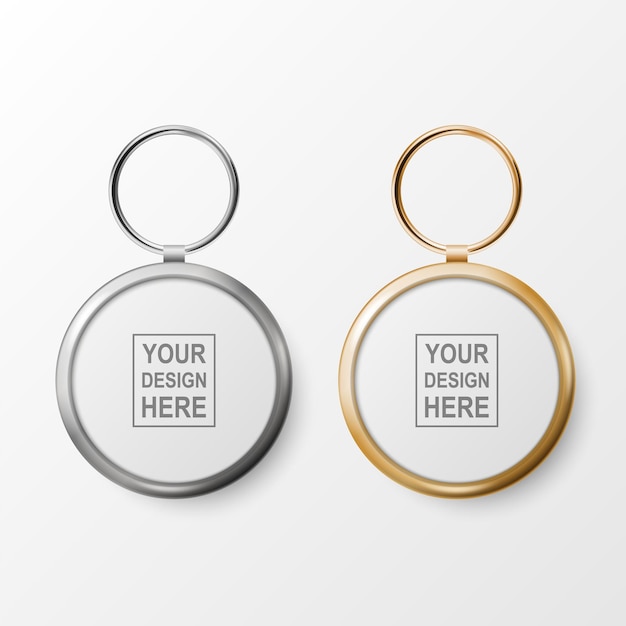 Vector 3d Realistic White Round Keychain Silver and Golden Ring and Chain for Key Isolated on White Button Badge with Ring Plastic Metal ID Badge with Chains Key Holder Design Template Mockup