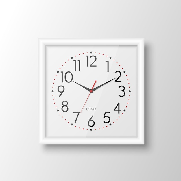 Vector 3d Realistic White Square Wall Office Clock Design Template Isolated White Frame White Dial Mockup of Wall Clock for Branding and Advertise Isolated Clock Face Design