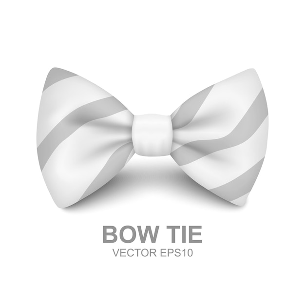 Vector 3d Realistic White Striped Bow Tie Icon Closeup Isolated on White Background Silk Glossy Bowtie Tie Gentleman Mockup Design Template Bow tie for Man Mens Fashion Fathers Day Holiday