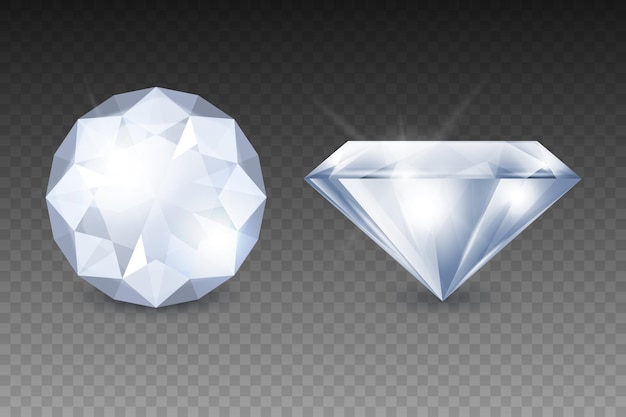 Vector 3d Realistic White Transparent Gemstone Diamond Crystal Rhinestones Icon Set Closeup Isolated Jewerly Concept Design Template Clipart Top and Side View