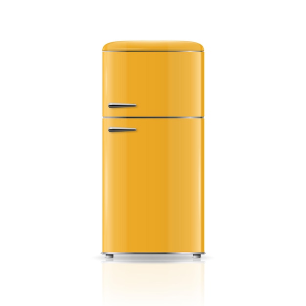 Vector 3d Realistic Yellow Retro Vintage Fridge Icon Isolated on White Vertical Refrigerator Closed Fridge Design Template Mockup of Fridge Front View