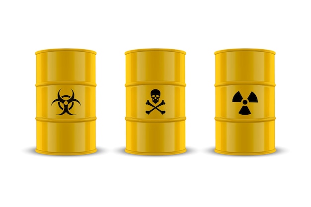 Vector 3d Realistic Yellow Simple Glossy Enamel Metal Oil Fuel Gasoline Barrels Biohazard Danger Radiation Sign Isolated on White Background Design Template of Packaging for Mockup Front View