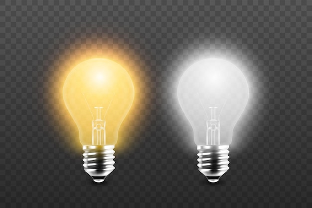 Vector 3d Realistic Yellow and White Glowing Turned Off Electric Light Bulb Icon Set Isolated on Transparent Background Design Template Inspiration Idea concept Front View