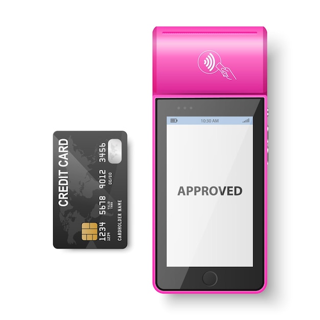 Vector 3d Red NFC Payment Machine with Approved Status and Credit Card Isolated