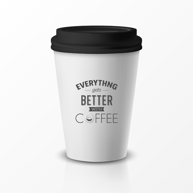 Vector 3d Relistic Paper or Plastic Disposable White Coffee Cup with Black Cap Quote Phrase about Coffee Design Template for Cafe Restaurant Brand Identity Mockup Front View