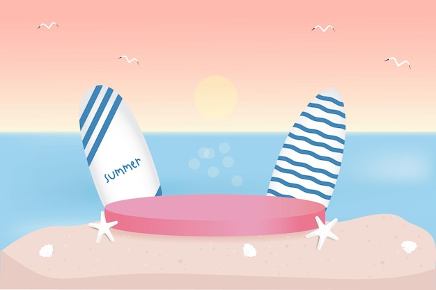 vector 3D scene with podium and abstract backgroundSummer banner with sea podium for cosmetic pr