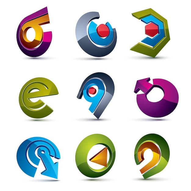 Vector 3d simple navigation pictograms collection. Set of colorful corporate abstract design elements. Arrows and circular web icons.