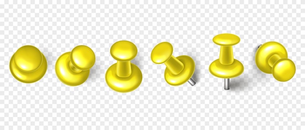 Vector vector 3d yellow push pin with shadow isolated on transparent background set of realistic thumbtack