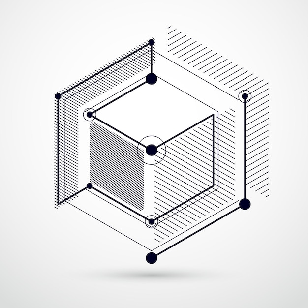 Vector abstract black and white background created in isometric mesh lines style. Mechanical scheme, vector engineering drawing with cube and mechanism parts. Perfect background for your designs