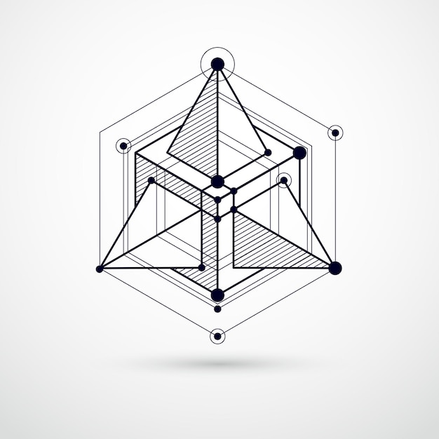 Vector abstract black and white background created in isometric mesh lines style. Mechanical scheme, vector engineering drawing with cube and mechanism parts. Perfect background for your designs