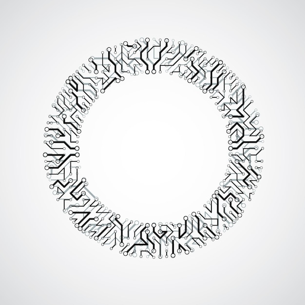 Vector abstract computer circuit board illustration, monochrome round technology element with connections. Electronics theme web design.