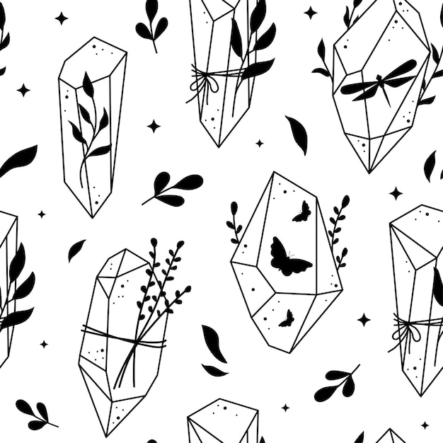 Vector vector abstract flat celestial floral crystals seamless pattern mystic minimal boho illustration