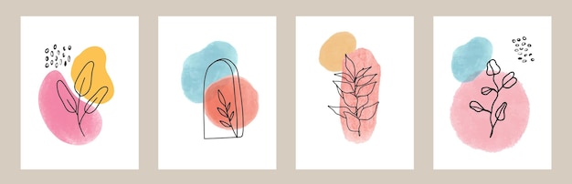 Vector abstract florals in simple geometric shapes minimalistic line art. Hand drawn botanical elements, sketch foliage set. Natural colorful botanics in watercolor shapes.