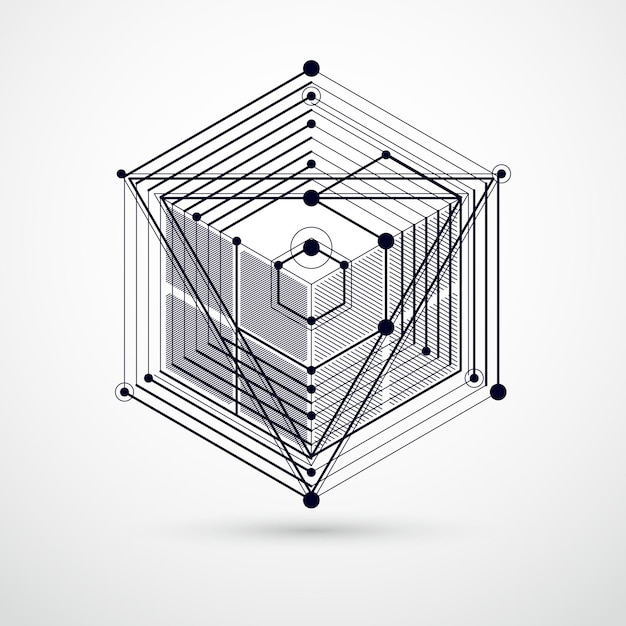 Vector vector of abstract geometric 3d cube pattern and black and white background. layout of cubes, hexagons, squares, rectangles and different abstract elements.