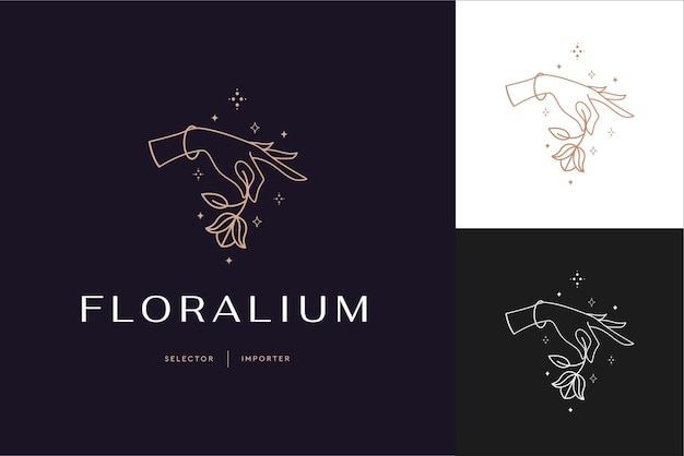 Vector abstract logo design template in trendy linear minimal style hands and flower abstract symbol for cosmetics and packaging jewellery hand crafted or beauty products