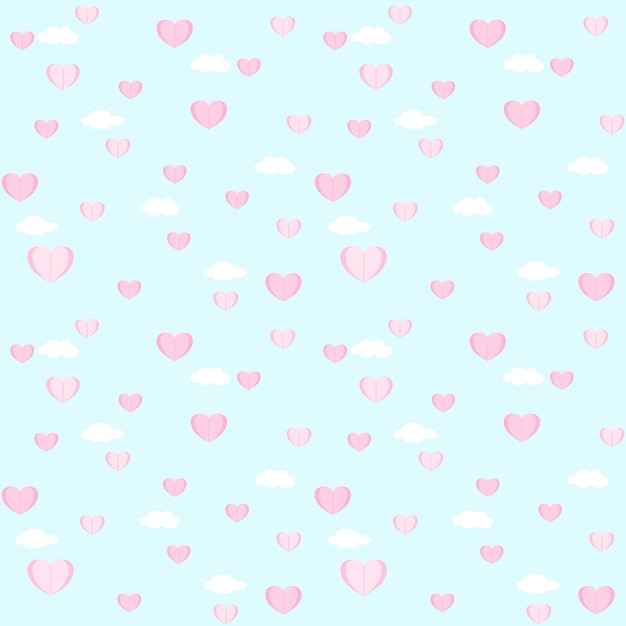 Vector Abstract seamless pattern of mini pink paper heart flying on blue sky and white cloud