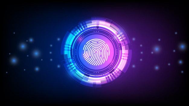 vector abstract security system concept with fingerprint on technology background blue purple.