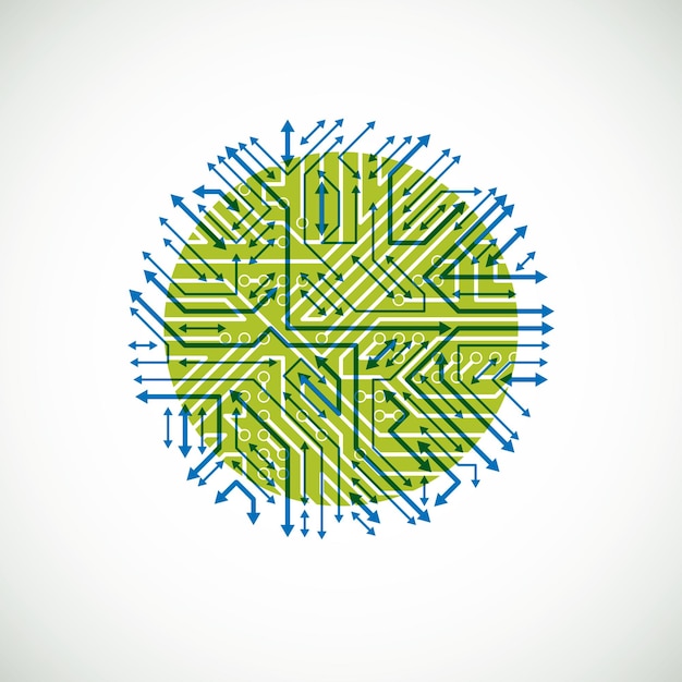 Vector abstract technology illustration with round green and blue circuit board. High tech circular digital scheme of electronic device, multidirectional arrows.