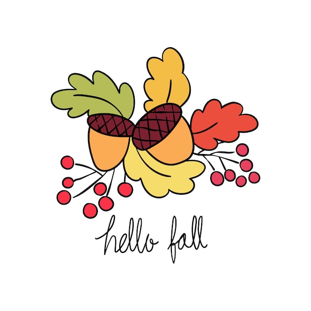 Vector acorn,leave,berry and word hello fall