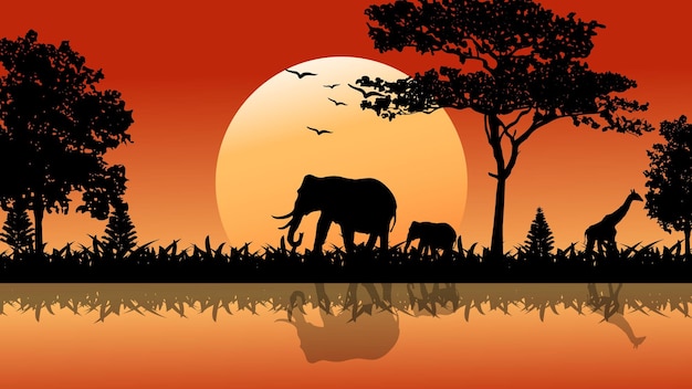 Vector African landscape beautiful nature sunset background