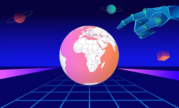 Vector vector ai worlds concept with a robot arm on dark blue background