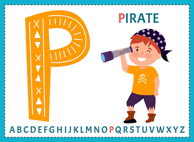 Vector alphabet on sea pirate's theme Letter P Pirate with spyglass