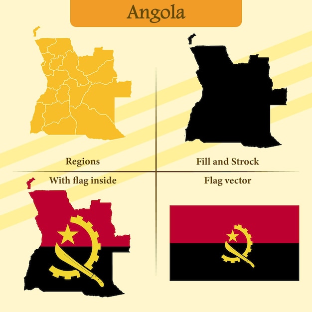 Vector Angola map vector states and lines and full with vector flag and flag map