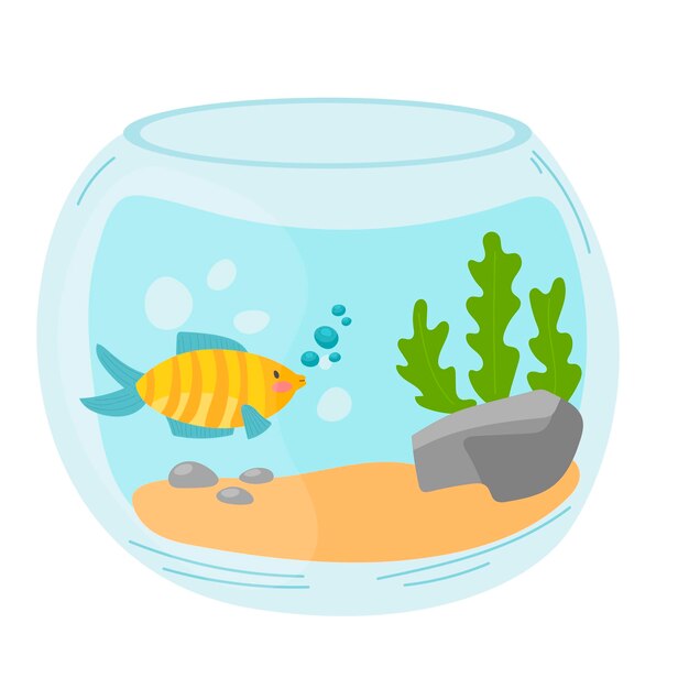 Vector vector aquarium golden fish silhouette illustration with water seaweed and bubbles colorful cartoon flat aquarium marine pet for your design