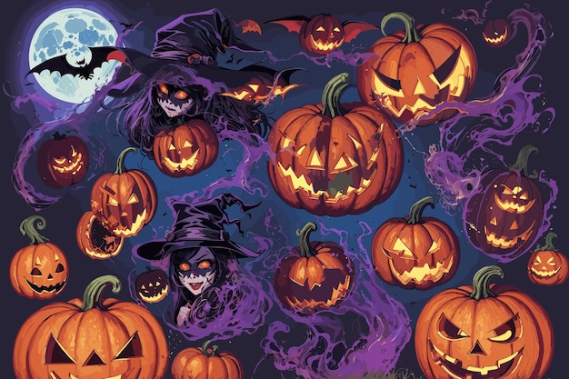 vector art halloween witch pumpkin spider illustration horror candlelight spooky background bat de