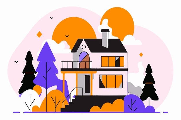 Vector vector art of a house among trees with a warm sunset background