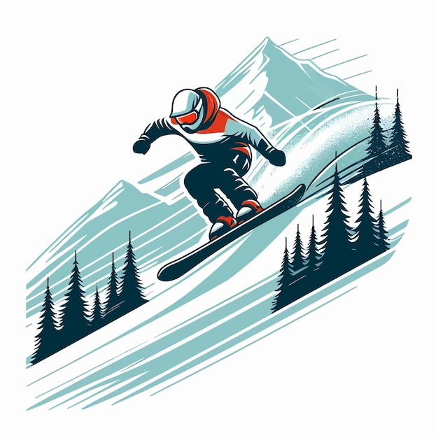 Vector vector art illustration of a man skating in the snow