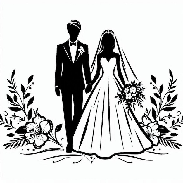 vector Art simple Wedding Couple Contour Drawing white black white background