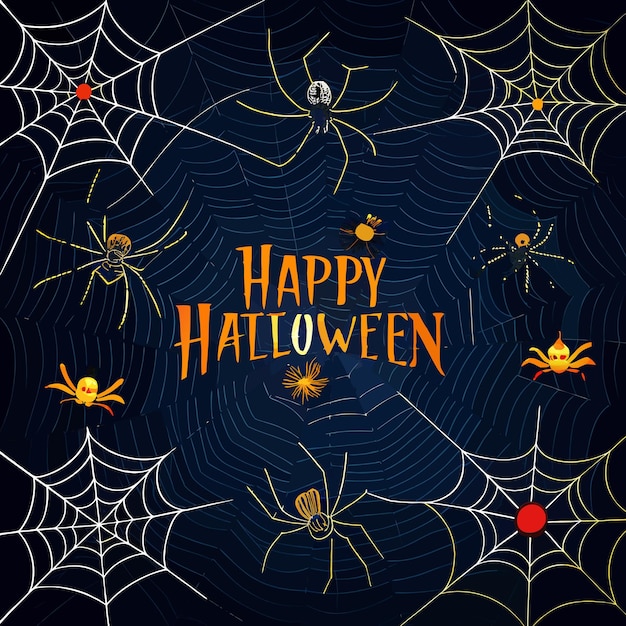 Vector Art of Spider Webs on Dark Background with Spiders