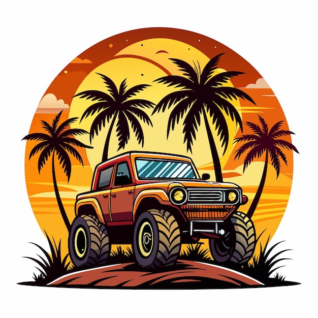 Vector art of synthase 4WD Monster Truck with pal trees and sunset white background