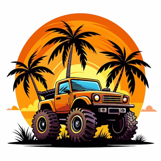 Vector art of synthase 4WD Monster Truck with pal trees and sunset white background