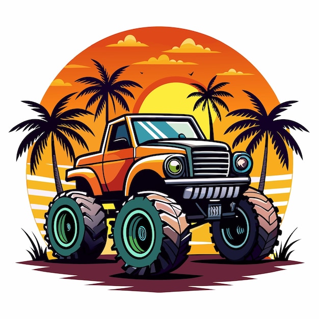 Vector art of synthase 4WD Monster Truck with pal trees and sunset white background