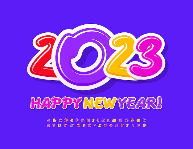 Vector artistic greeting card Happy New Year 2023! Handwritten Font. Colorful Alphabet Letters