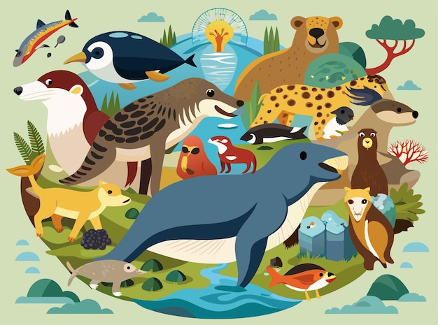 Vector vector artwork of a natural wildlife scene with forests rivers and diverse animal species