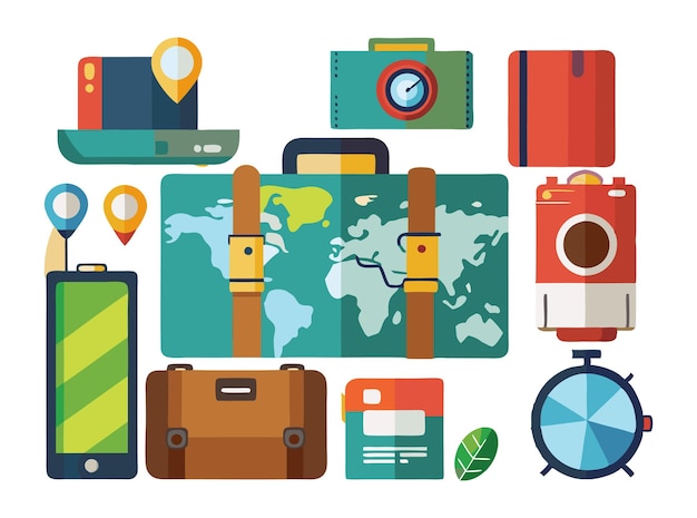 Vector vector artwork of a travelers essentials including a suitcase passport camera and map