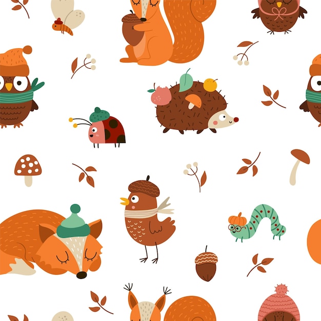 Vector Autumn forest animals and insects seamless pattern Cute repeat background with hedgehog squirrel fox bird owl in hat and scarf Vector fall or Thanksgiving characters digital paperxA