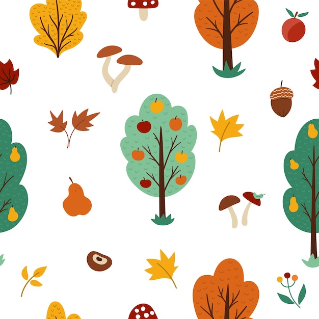 Vector autumn forest or garden seamless pattern with fruit trees plants shrubs bushes mushrooms Fall apple and pear garden repeat background Natural greenery digital paperxA