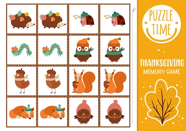 Vector autumn forest memory game cards with cute animals birds insects Fall matching activity Remember and find correct card Simple fall printable worksheet for kids with squirrel owlxA