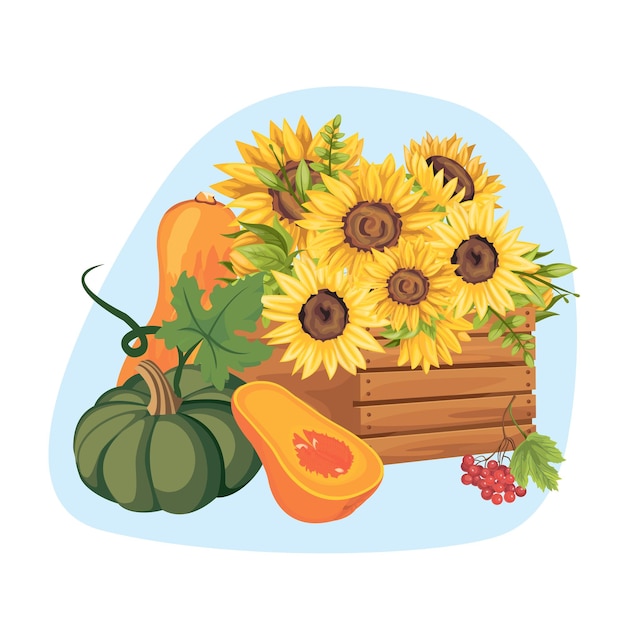 Vector autumn illustration with pumpkinPumpkin sunflowers and mushrooms in color vector illustration with text